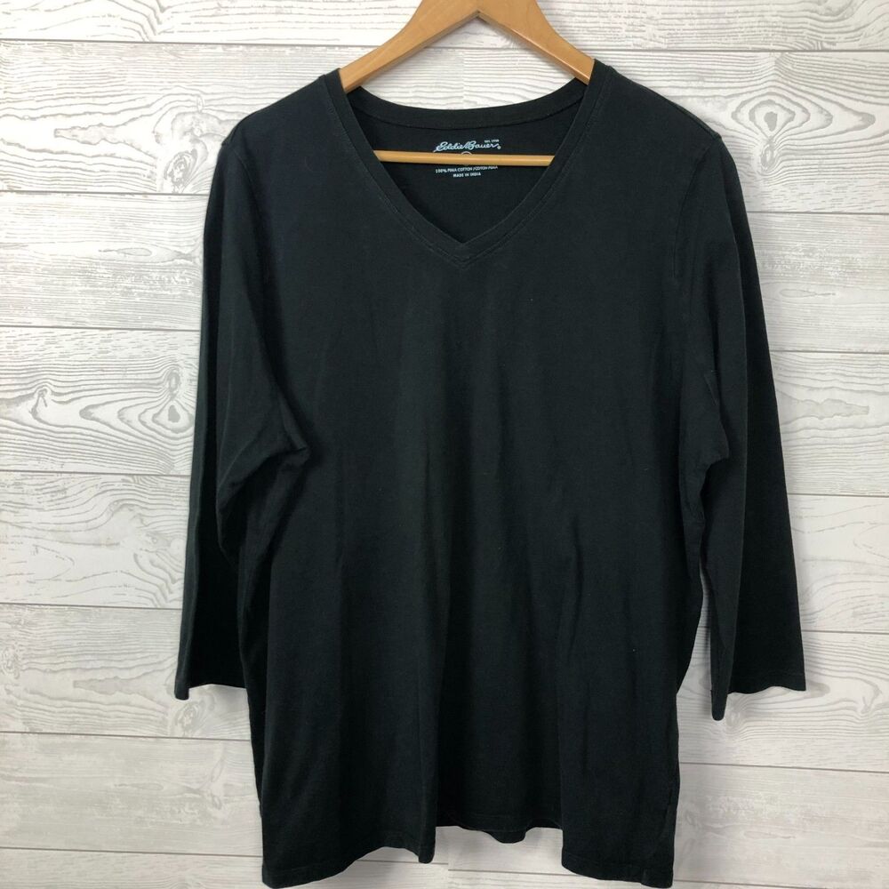 Eddie Bauer Women's 2X Plus V Neck Tee Shirt 3/4 Sleeve 100% Cotton Solid Black